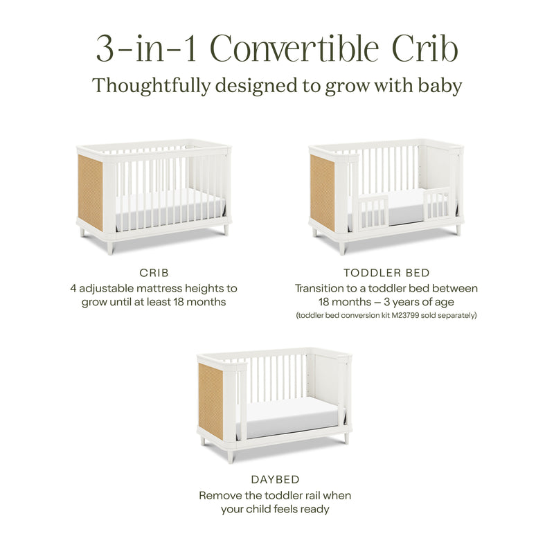 M23701RWHC,Marin with Cane 3-in-1 Convertible Crib in Warm White and Honey Cane