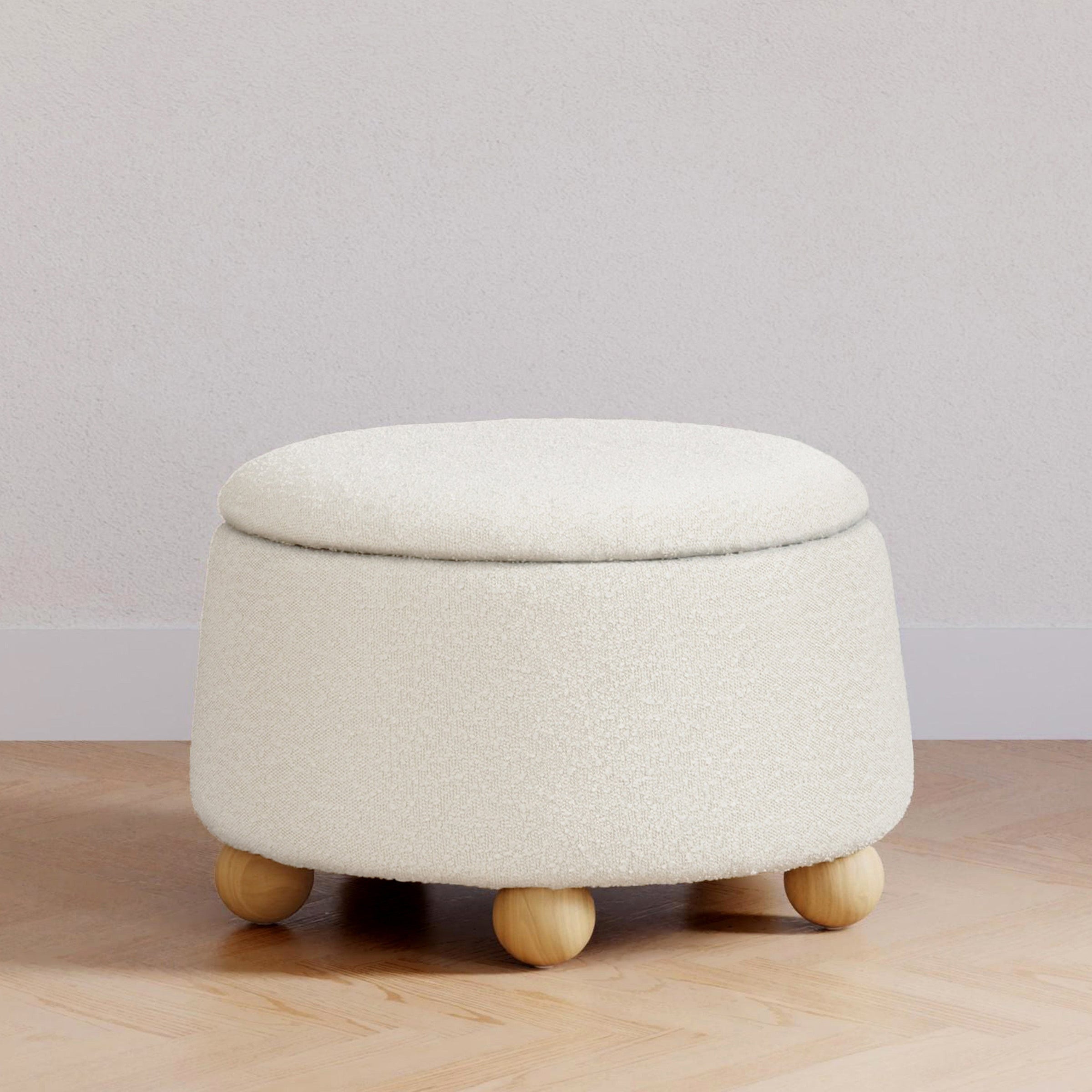 M30985PWBHF,Tuffet Storage Ottoman in Performance Ivory Boucle w/Honey Ball Feet