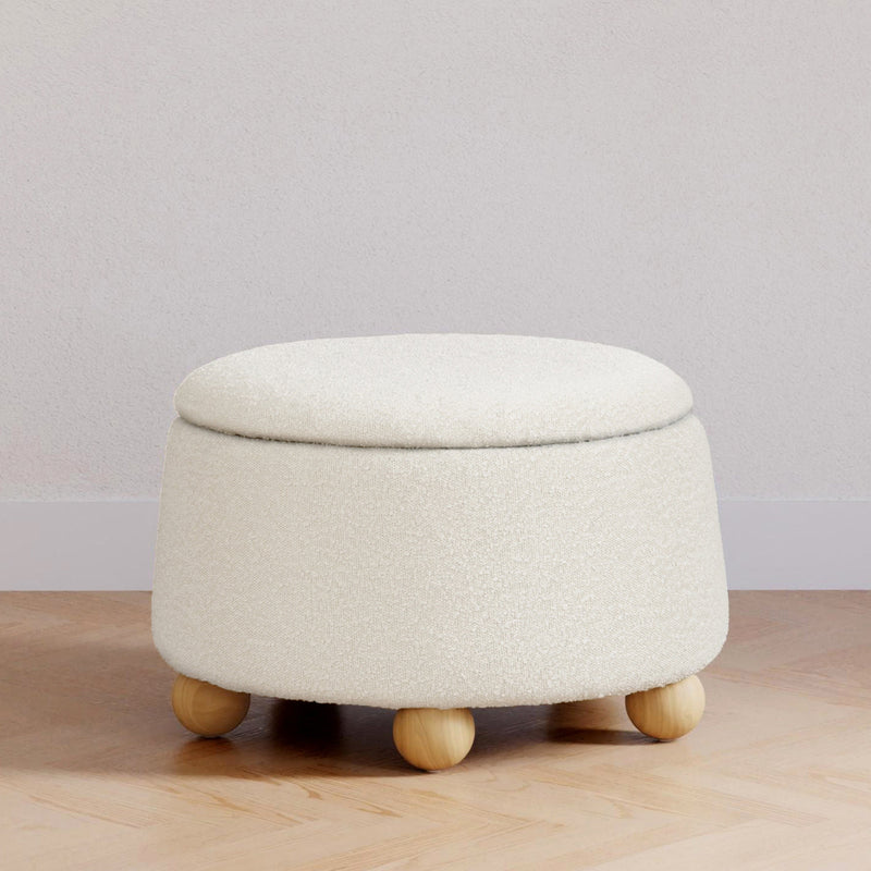 M30985PWBHF,Tuffet Storage Ottoman in Performance Ivory Boucle w/Honey Ball Feet