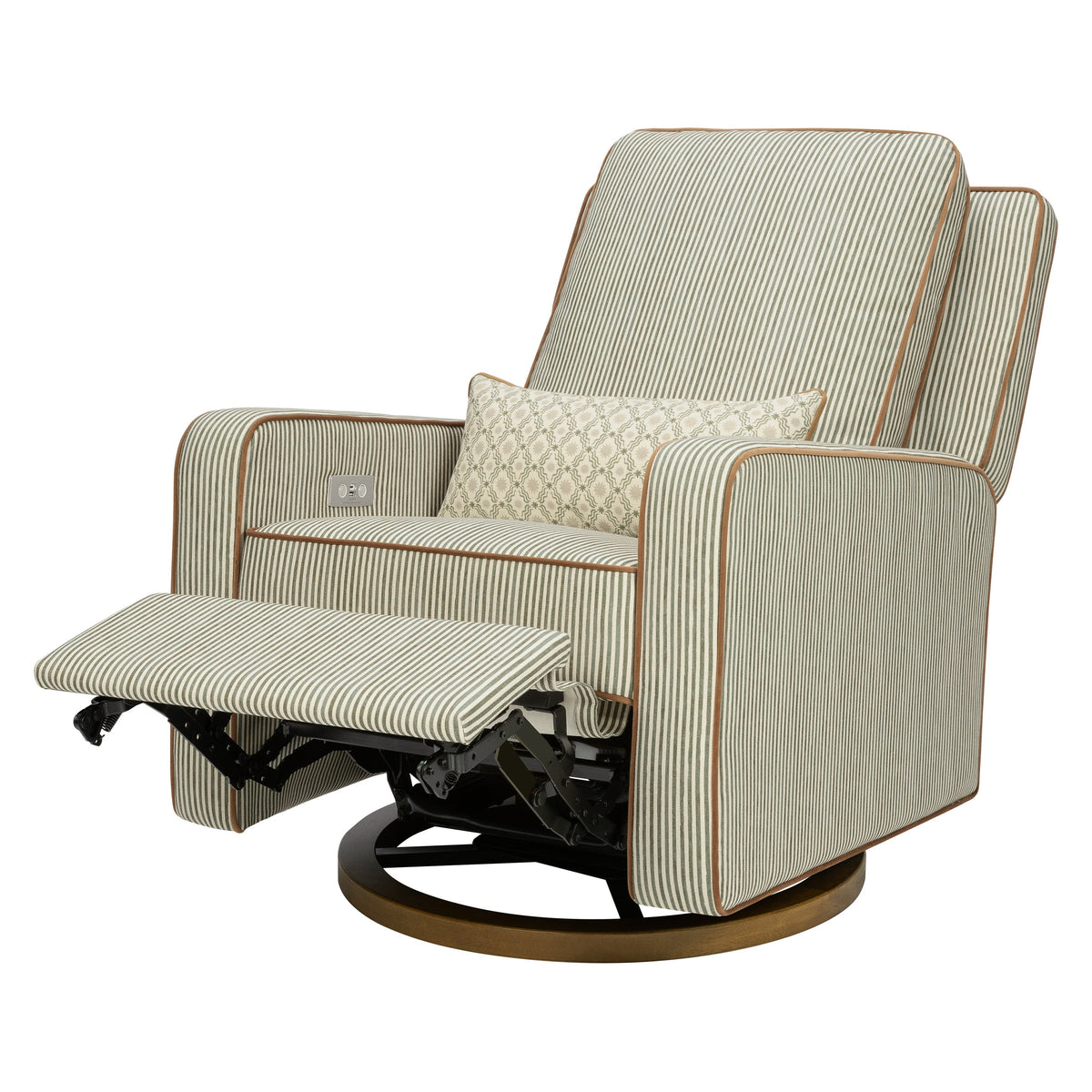 M23085OSCTB,Nate Berkus x Babyletto Sigi Power Recliner in Perf Olive Stripe Eco-Crossweave w/Toffee Base