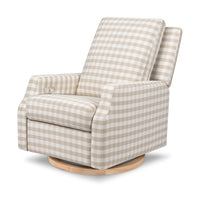 M22286TGHLB,Crewe Electronic Swivel Glider Recliner in Tan Gingham with Light Wood Base