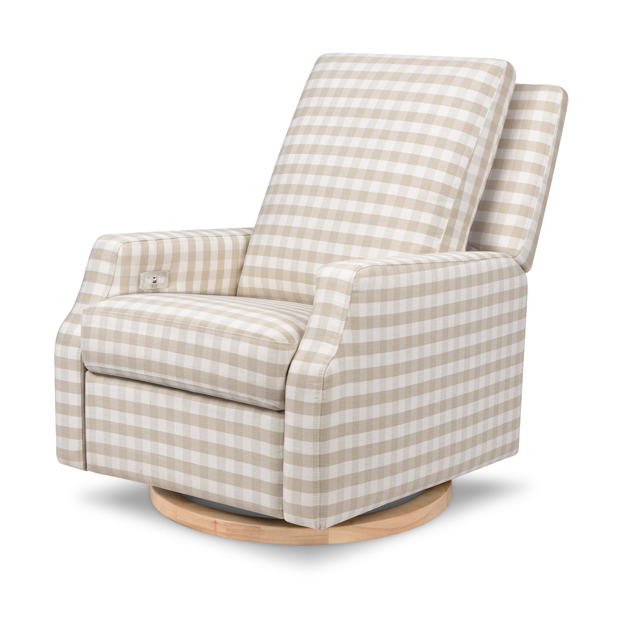 M22286TGHLB,Crewe Electronic Swivel Glider Recliner in Tan Gingham with Light Wood Base