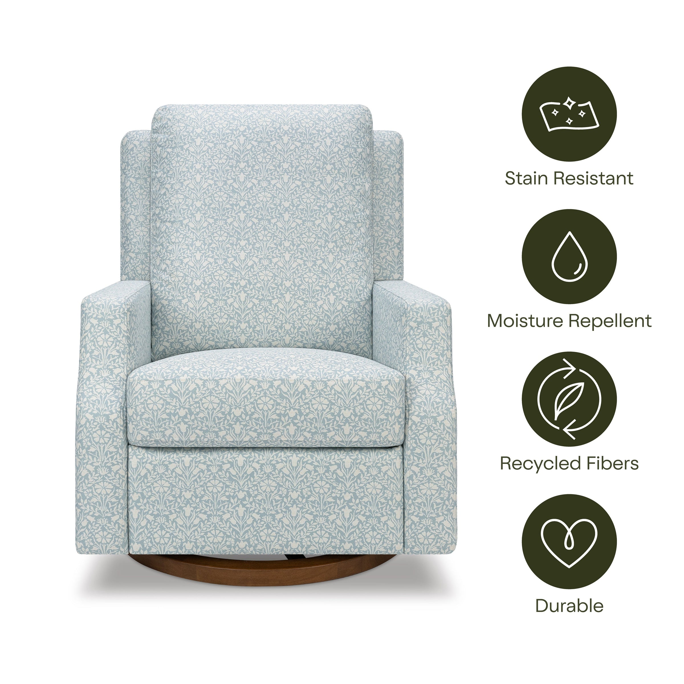 M22287BPBDB,Crewe Recliner and Swivel Glider in Bellflowers in Powdered Blue w/Dark Wood Base