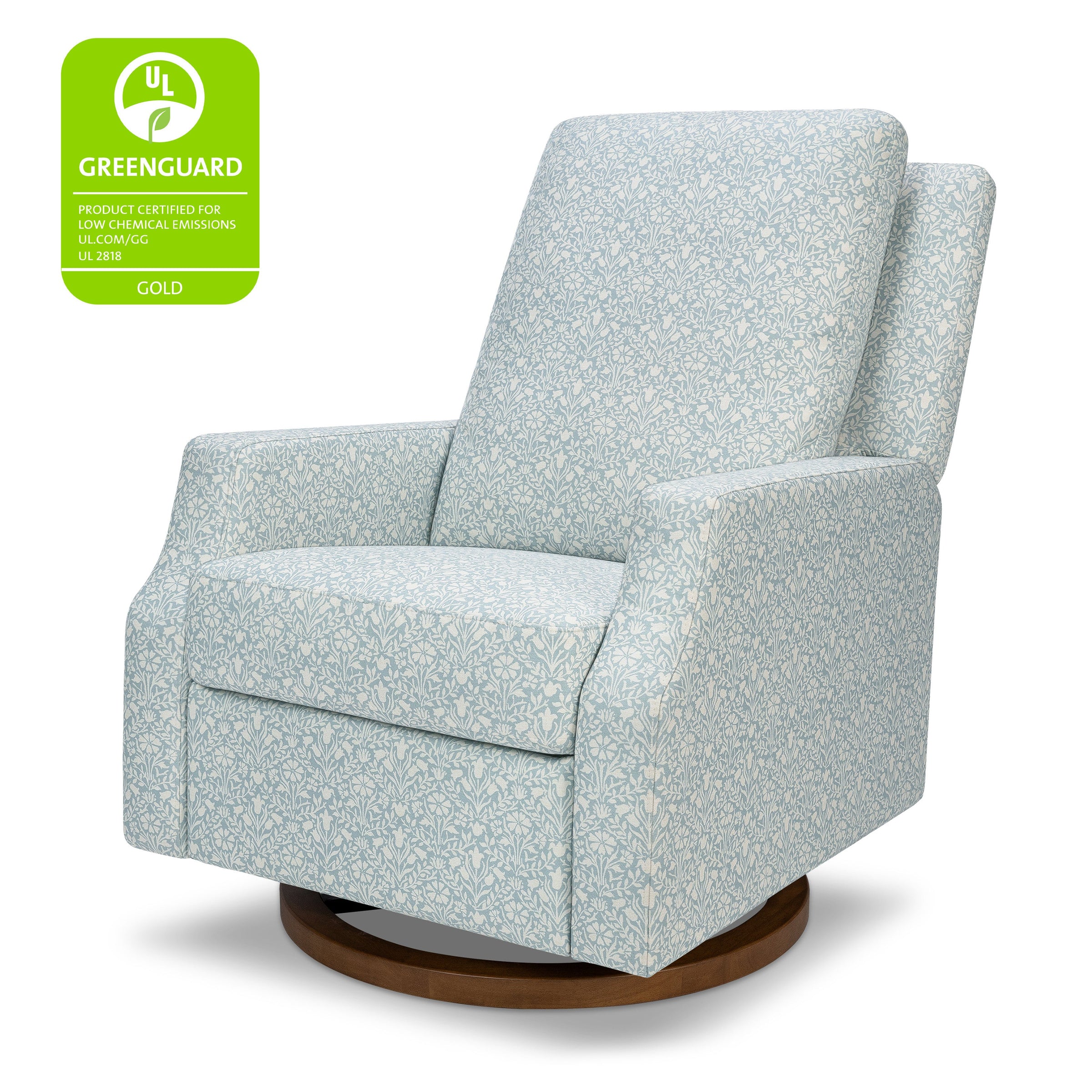 M22287BPBDB,Crewe Recliner and Swivel Glider in Bellflowers in Powdered Blue w/Dark Wood Base