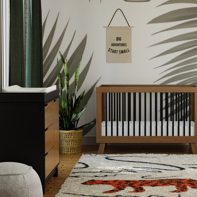 M4223BNL,Hudson 3-Drawer Changer Dresser w/Removable Changing Tray in Black/Natural Walnut