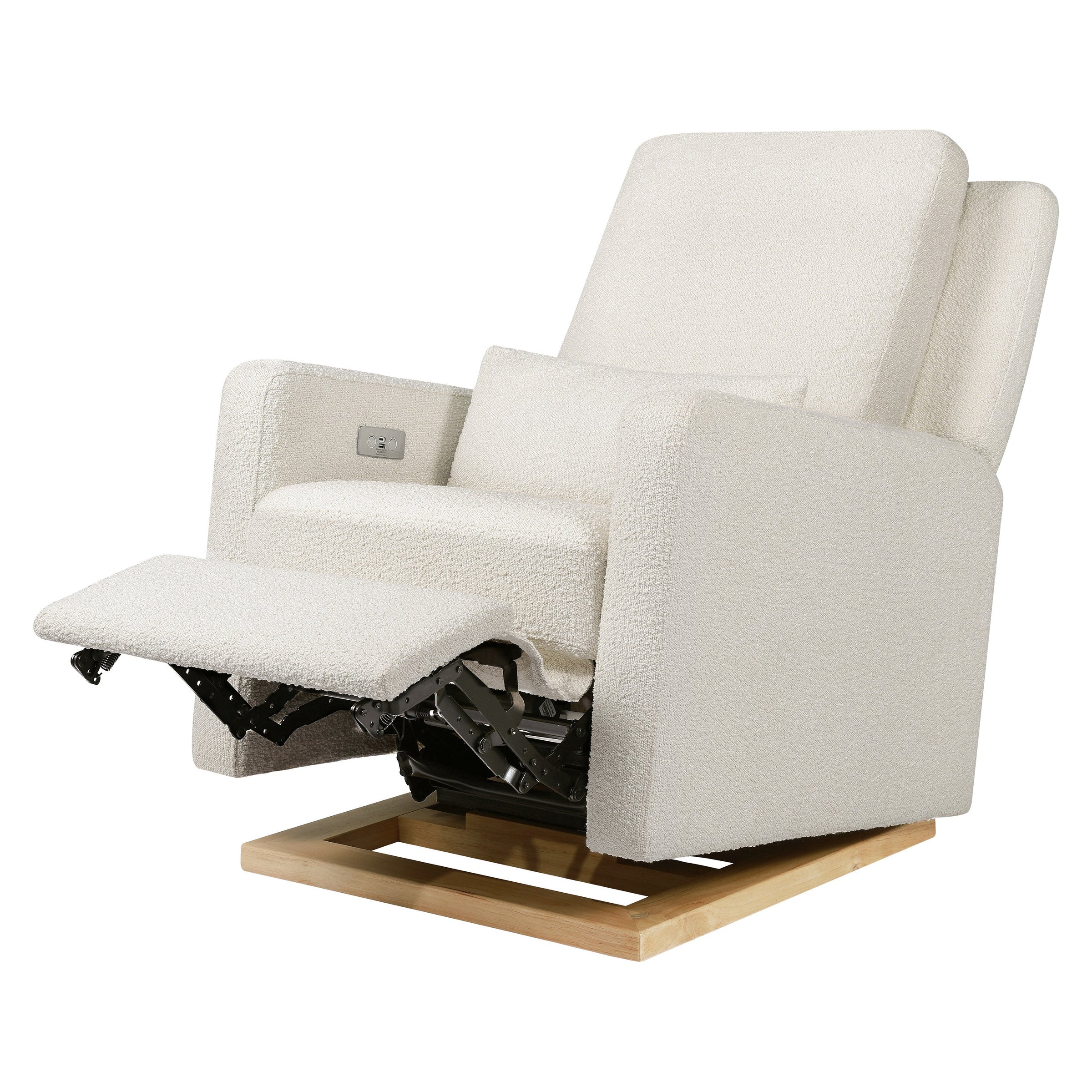 M23085WBLB,Sigi Glider Recliner w/ Electronic Control and USB in Ivory Boucle w/Light Wood Base