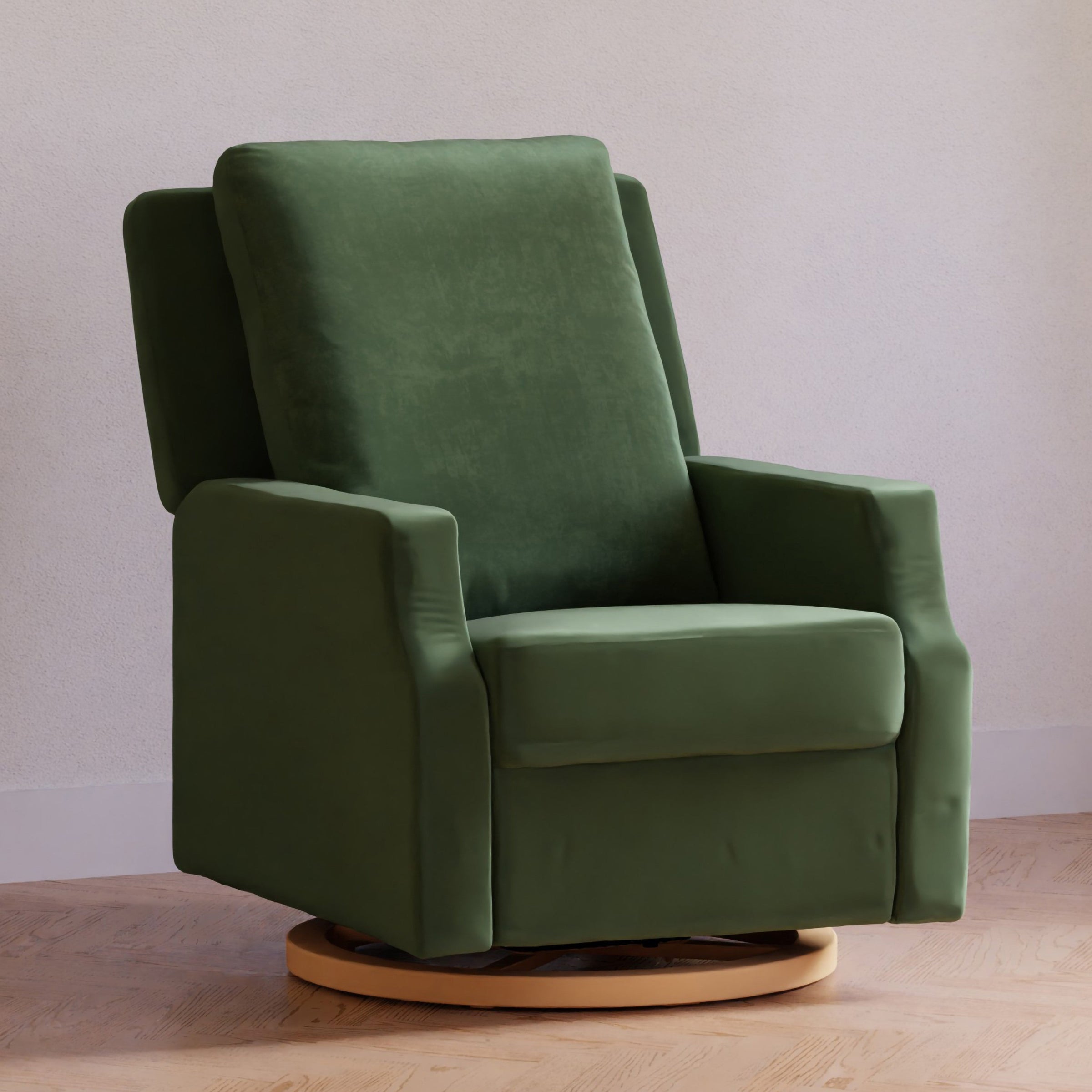 M22286FGVLB,Crewe Electronic Swivel Glider Recliner in Forest Green Velvet w/Light Wood Base
