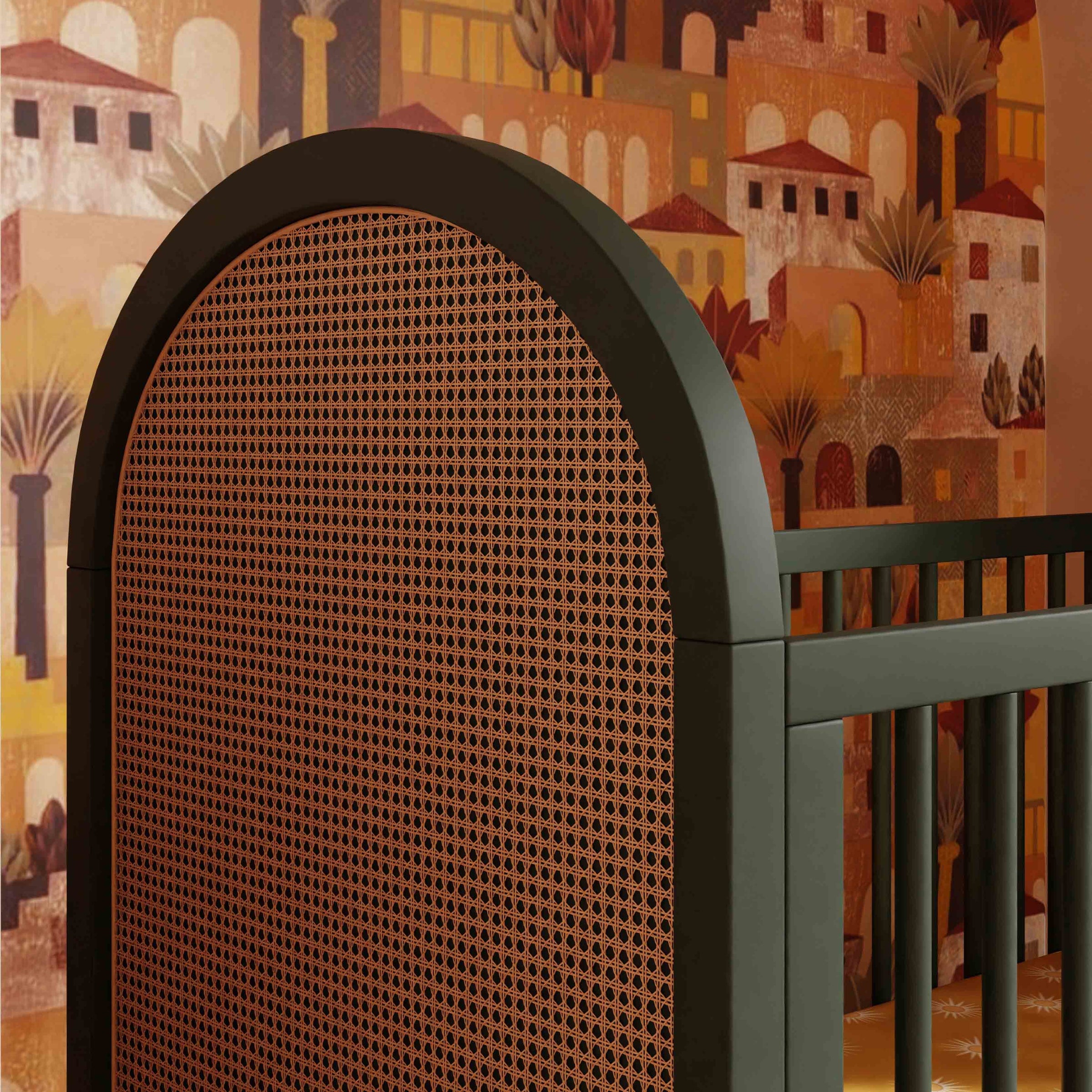 M25601FRGRNC,Bondi Cane 3-in-1 Convertible Crib w/ Toddler Bed Kit in Forest Green w/ Natural Cane