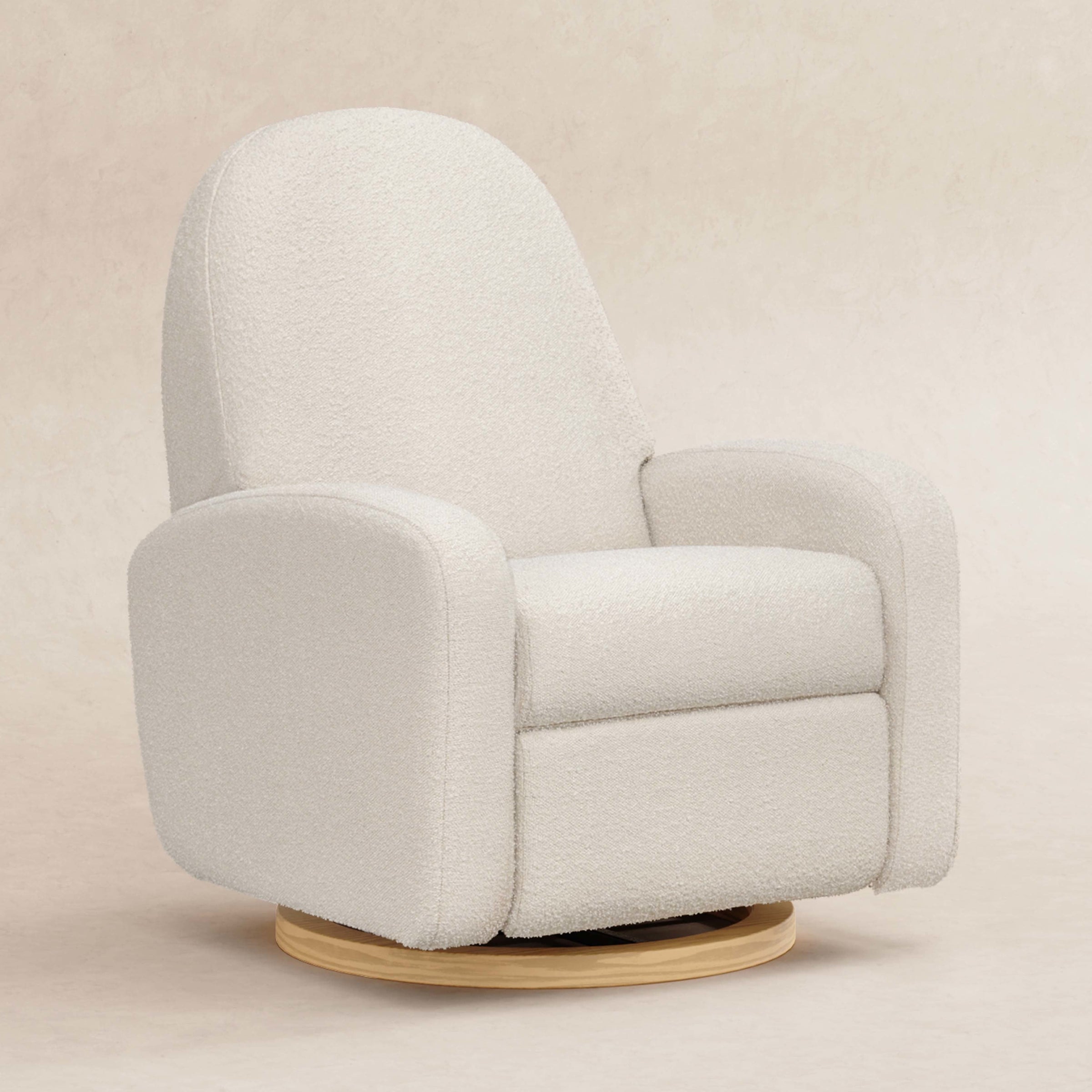 M23188WBLB,Nami Glider Recliner w/ Electronic Control and USB in Ivory Boucle w/Light Wood Base