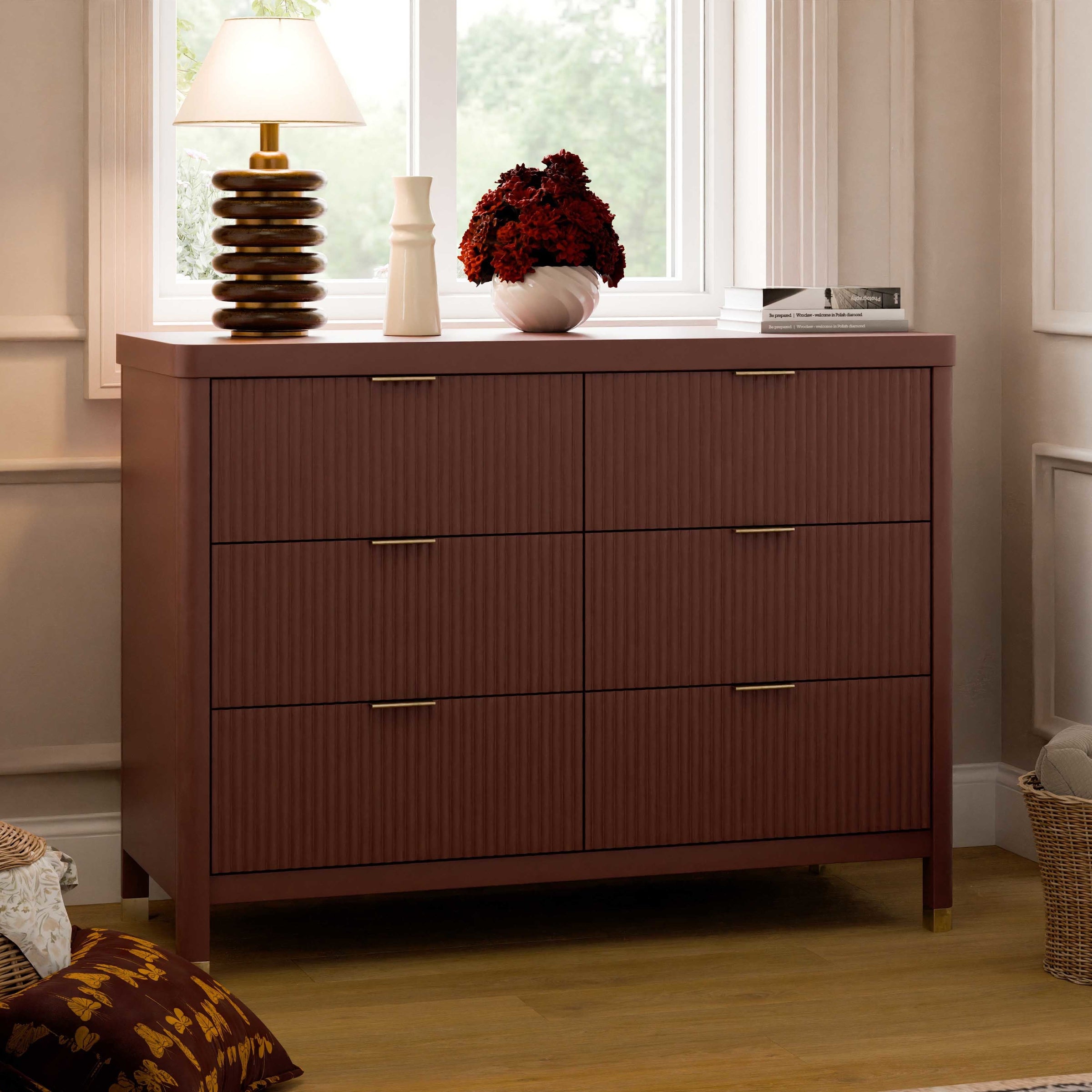M26716CR,Brimsley Tambour 6-Drawer Assembled Dresser in Crimson