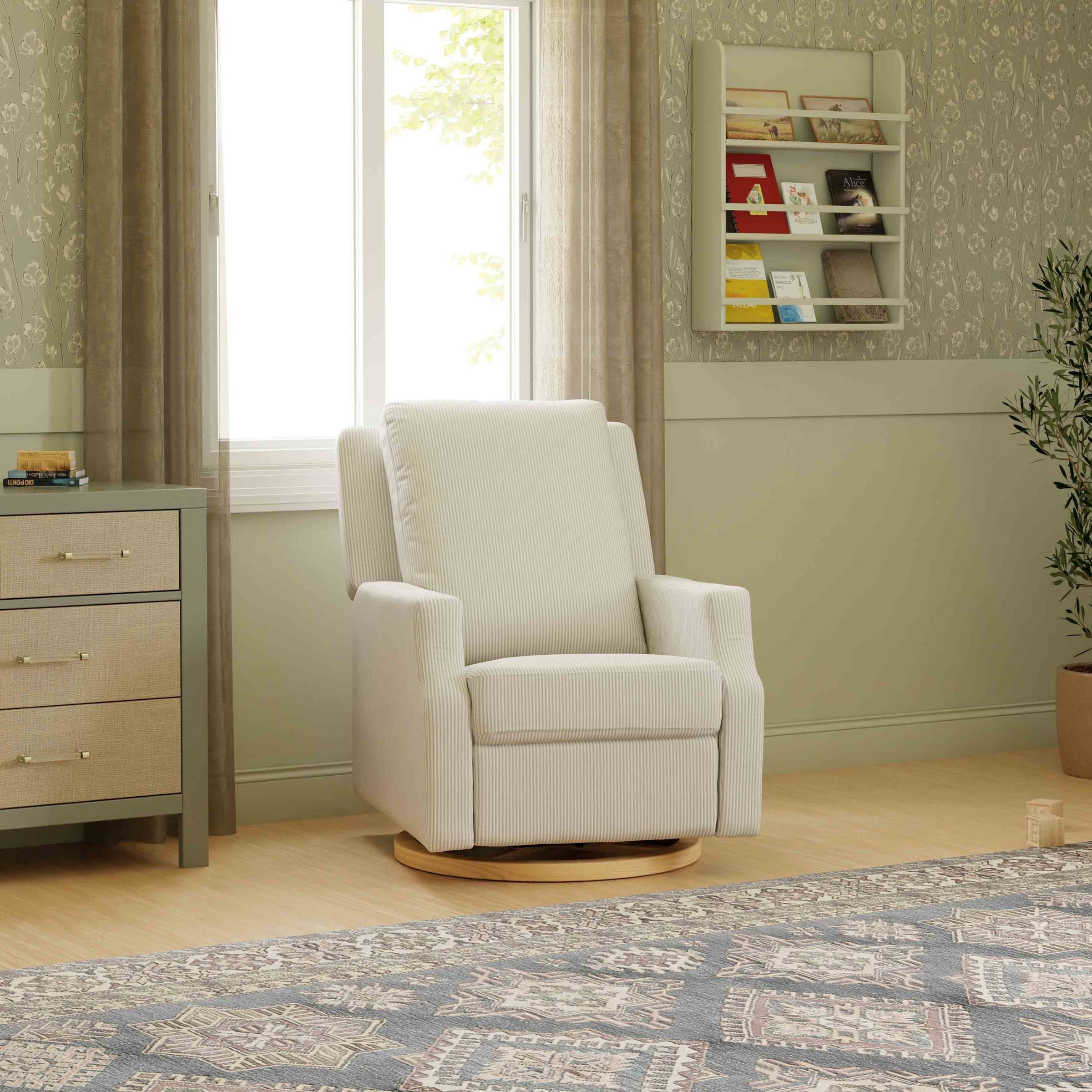 M22286FCSLB,Crewe Electronic Swivel Glider Recliner in Fog Chatham Stripe Performance Eco-Weave w/LB