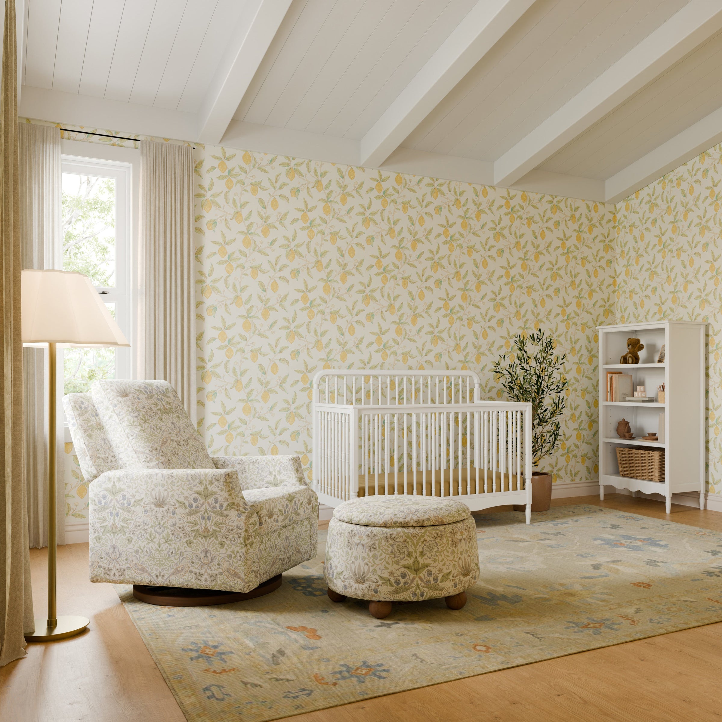 M30985TTFTDF,Tuffet Storage Ottoman Strawberry Thief in Fig&Thyme w/DarkWood Ball Feet