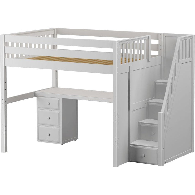 Maxtrix Full High Loft Bed with Stairs + Long Desk