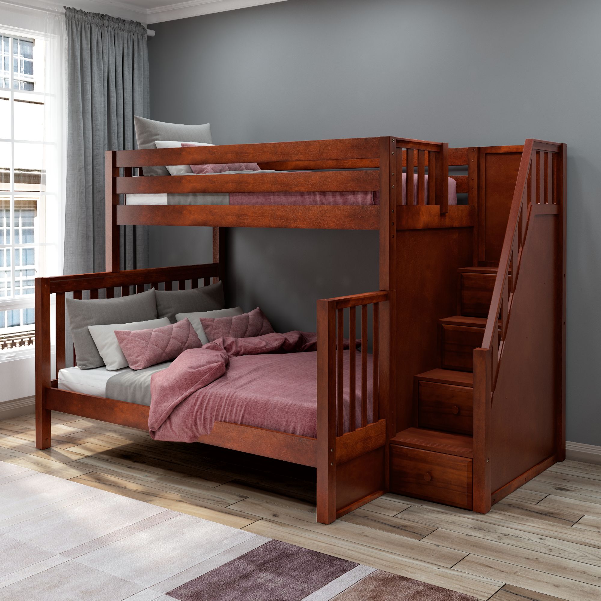 Queen size bunk beds with outlet stairs