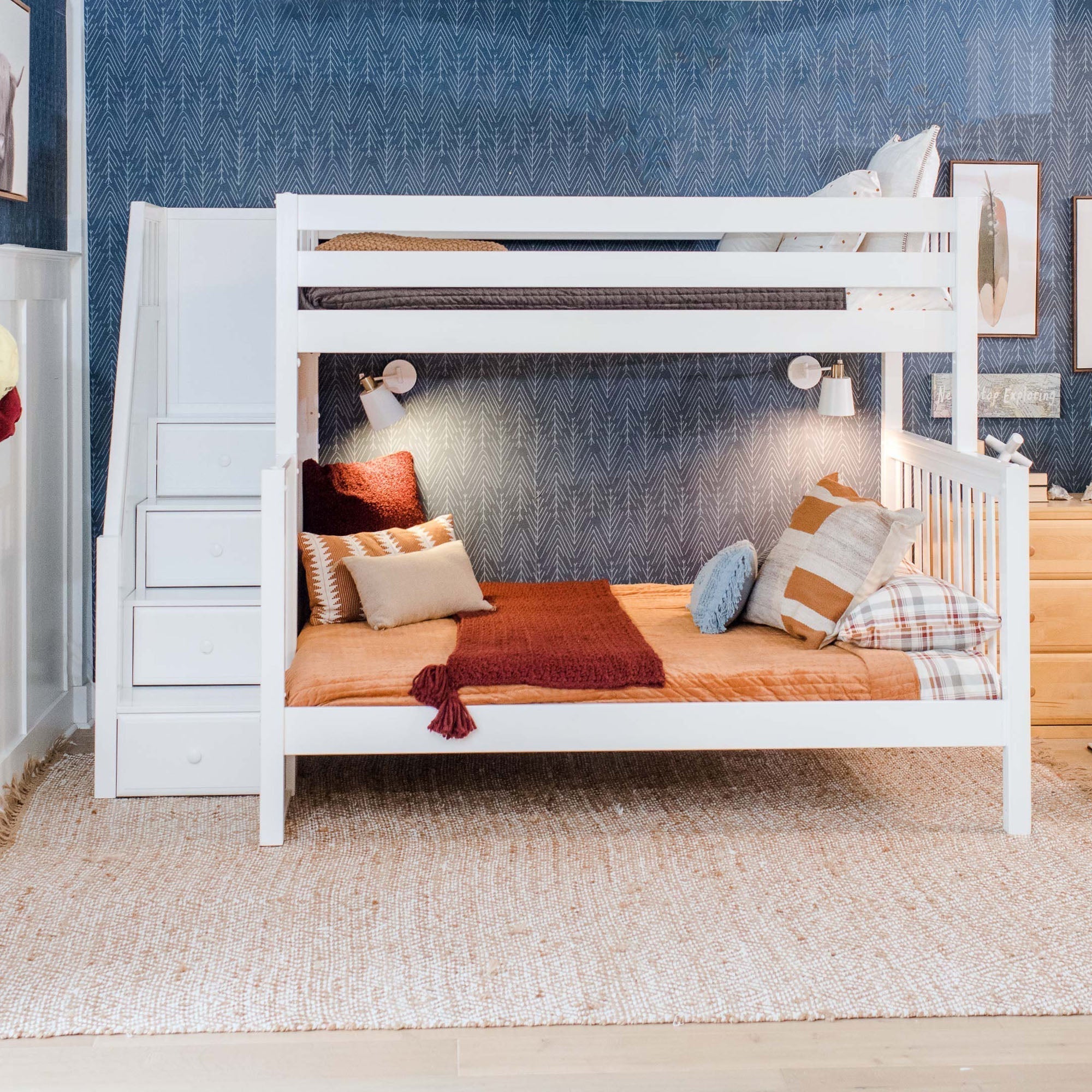 White full over full bunk beds store with stairs